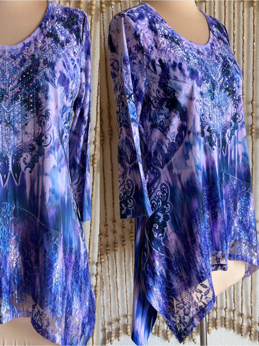 Oneworld Y2k Sublimation Blue Purple Vibrant Tie Dye Floral Lace Sharkbite Tunic — image 3 of 6